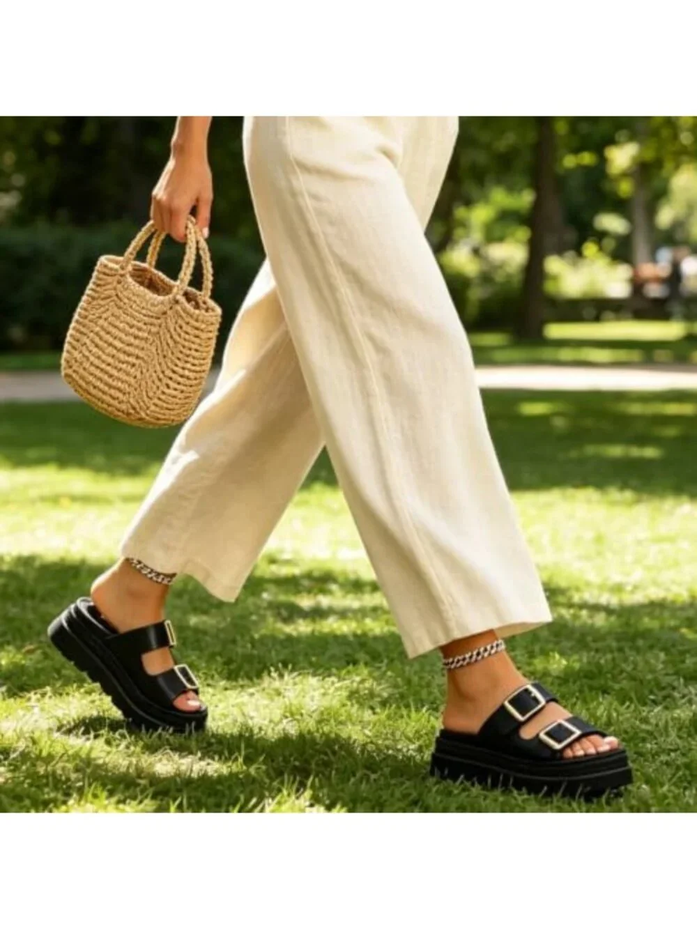 Stylish Women's Platform Espadrille Slide Sandals with Double Buckle Detail